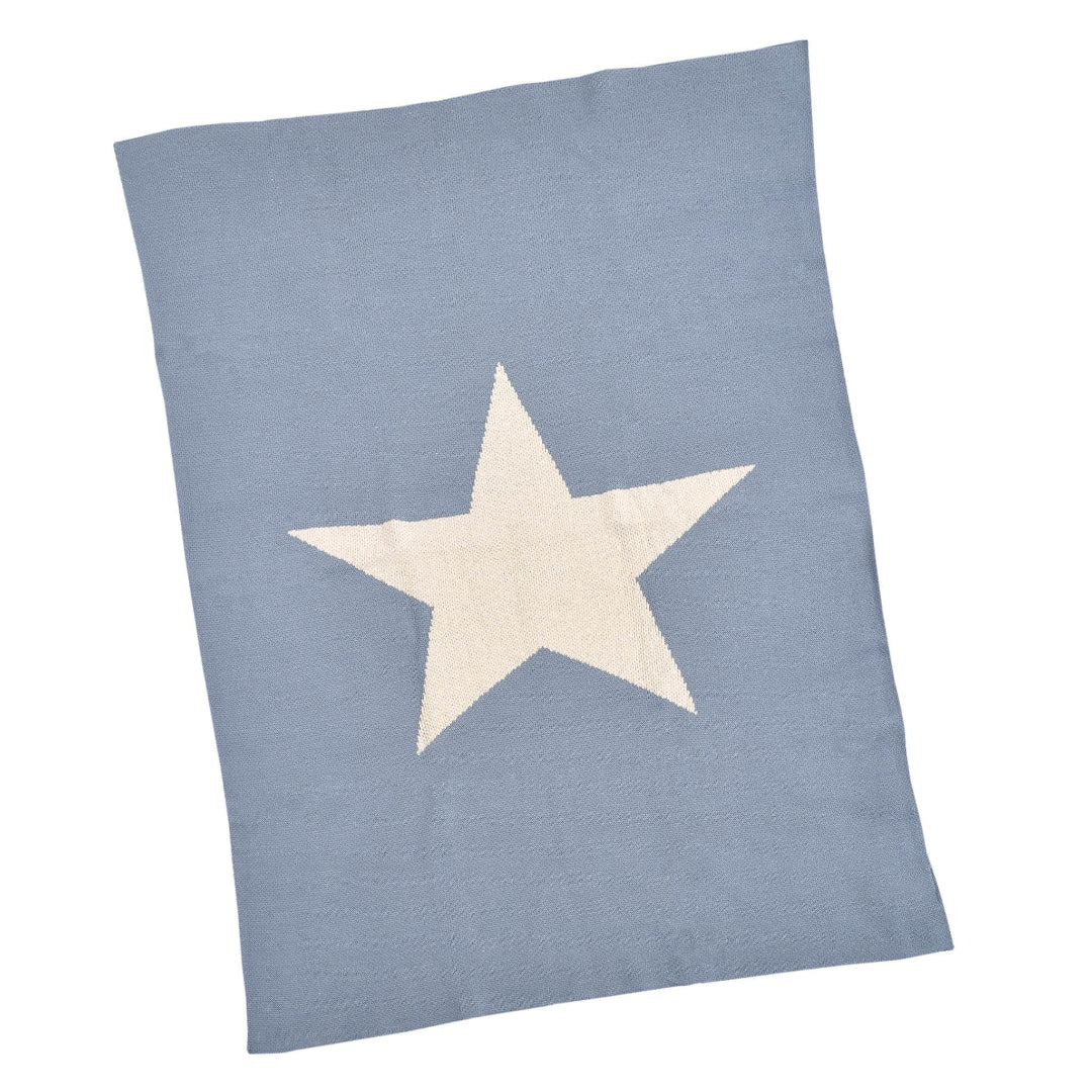A denim blue cotton baby blanket with a large white star in the center.