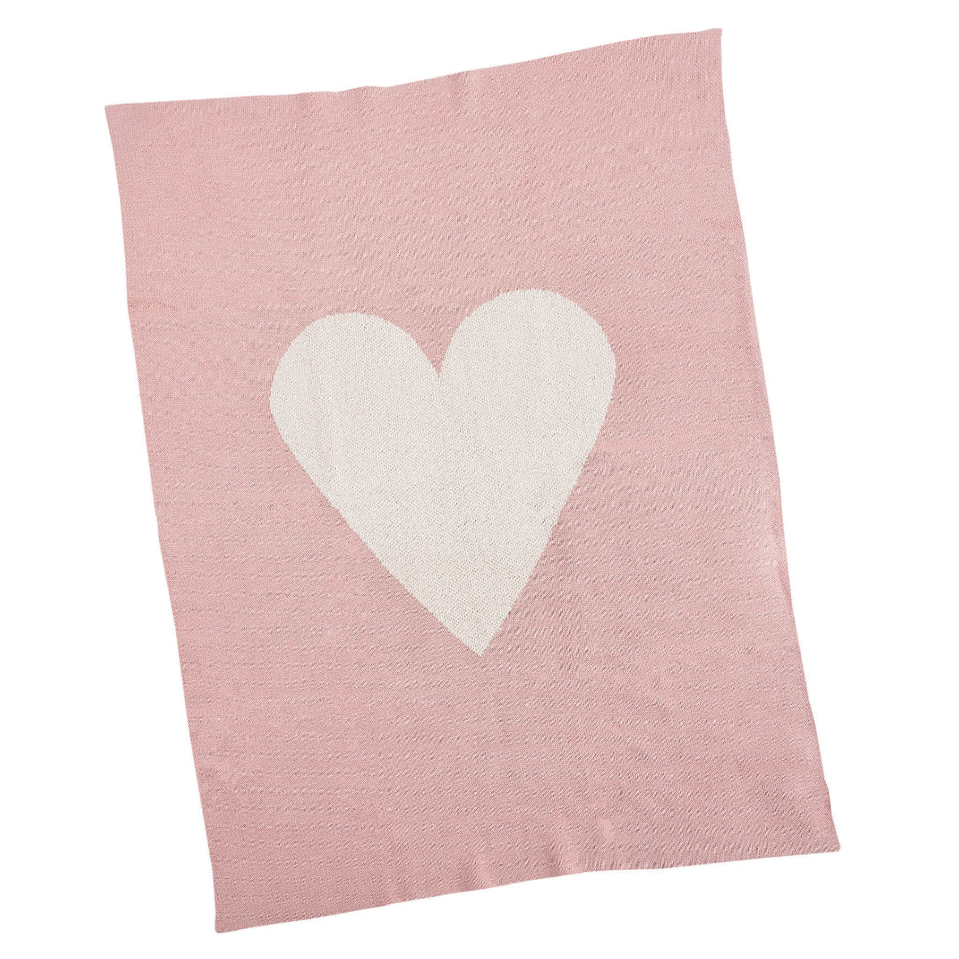 A rose pink baby blanket with a single cream heart in the center