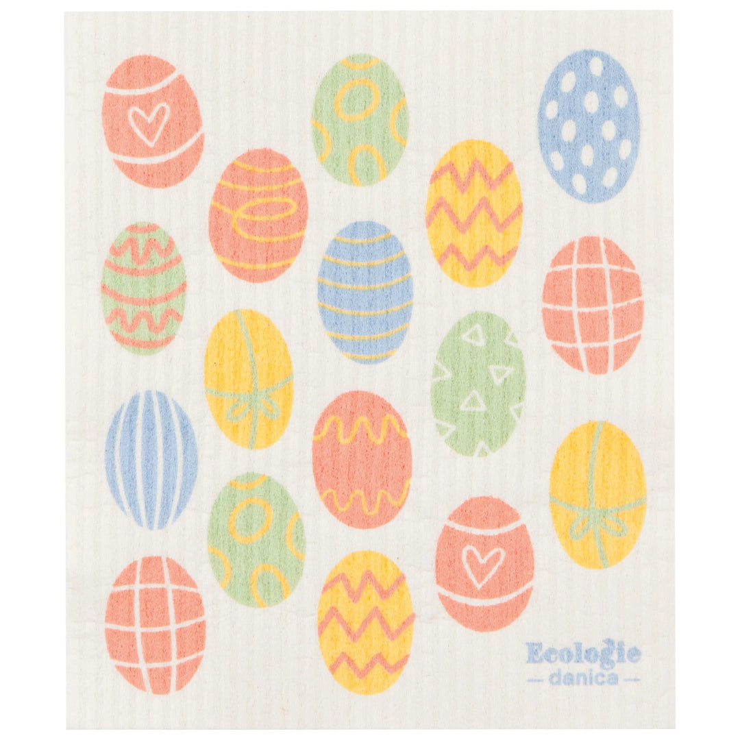 Dishcloth with colorful Easter egg patterns and 'Ecologie' branding.