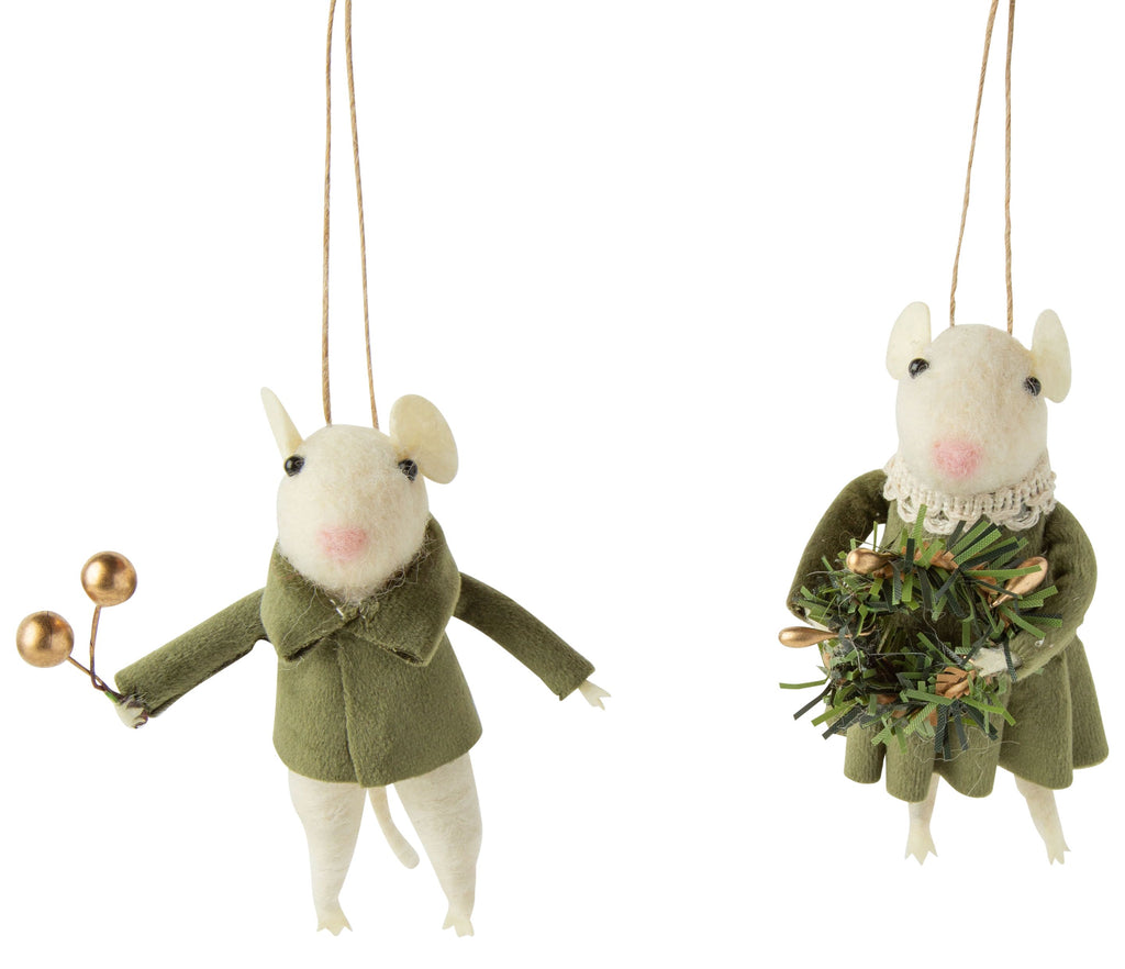 Felt Mouse Ornament in Green Clothes