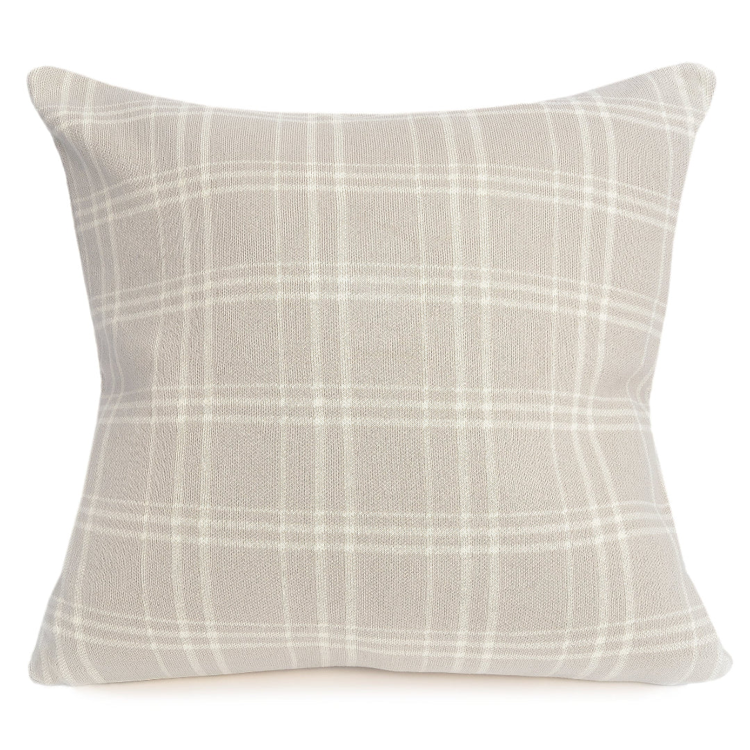 A beige plaid throw pillow on a plain background.