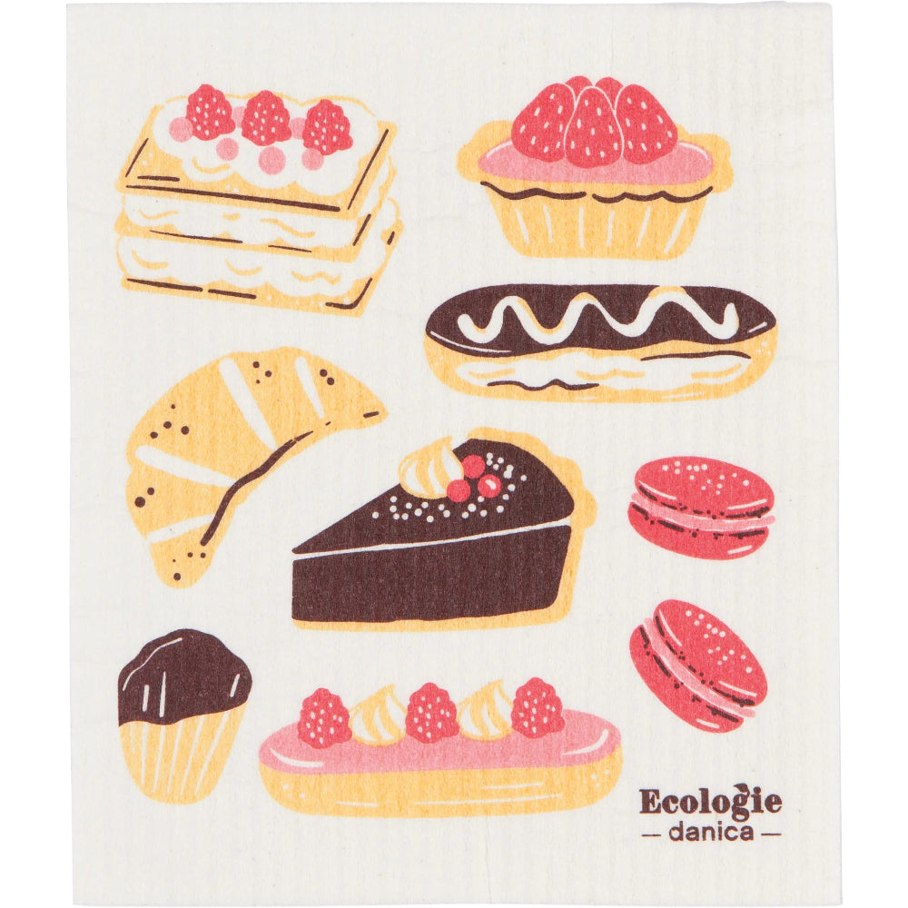 Dishcloth with illustrations of various pastries and the brand 'Ecologie danica' on a white background.