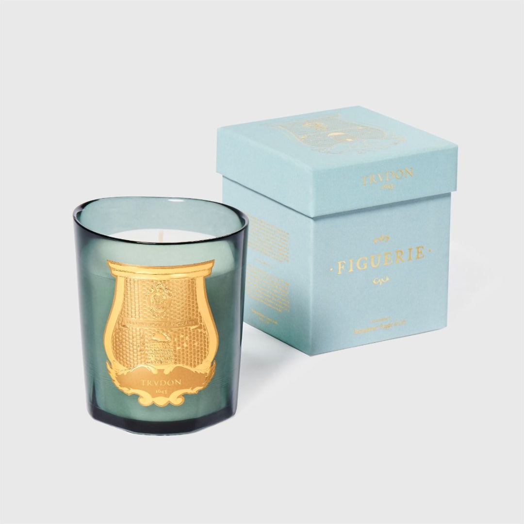 Trudon Fig Candle with gold emblem and matching box on a light background