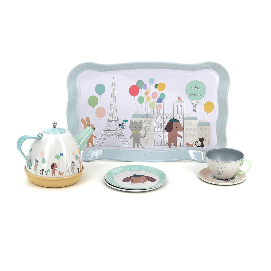 Children's tea set with a tray featuring cartoon animals and balloons on a white background