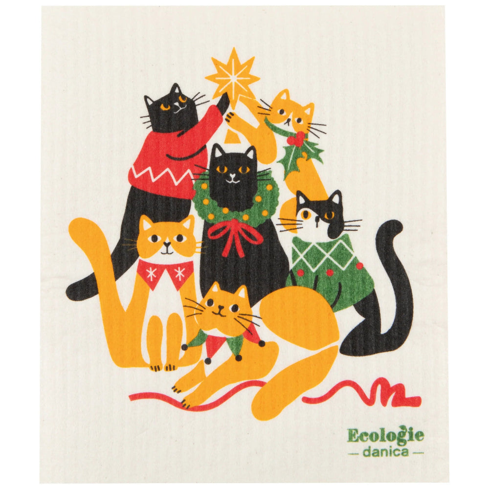 Sponge with colorful illustration of cats in holiday sweaters and decorations, featuring the brand 'Ecologie danica'.