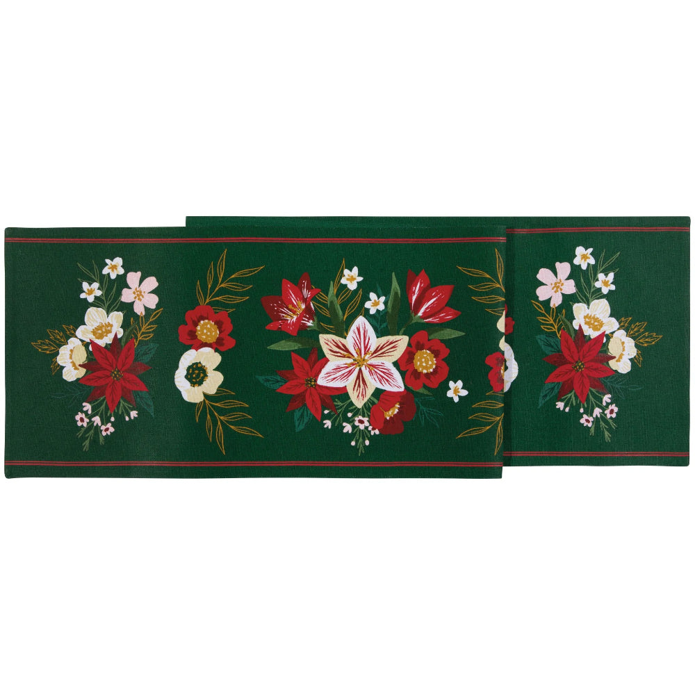 Floral design on a green background with red and white flowers
