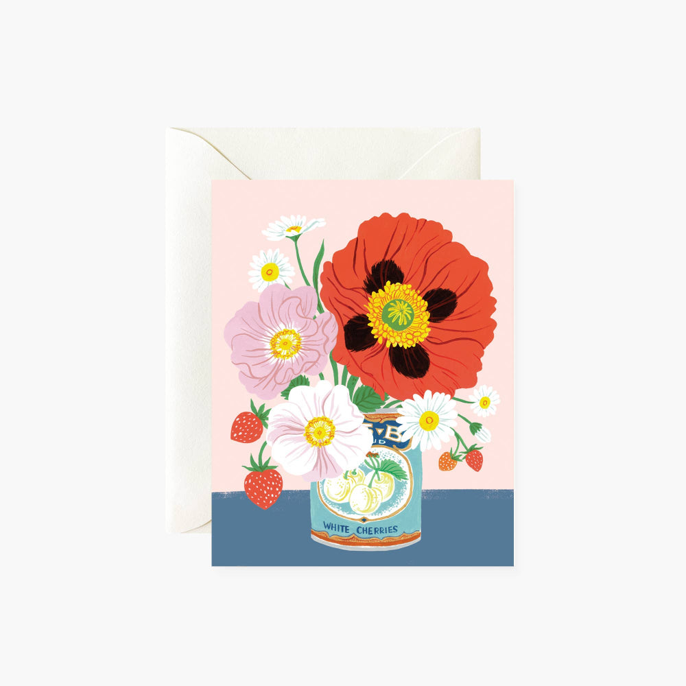 A floral greeting card with a colorful illustration of flowers and a butterfly on the front, paired with an envelope.