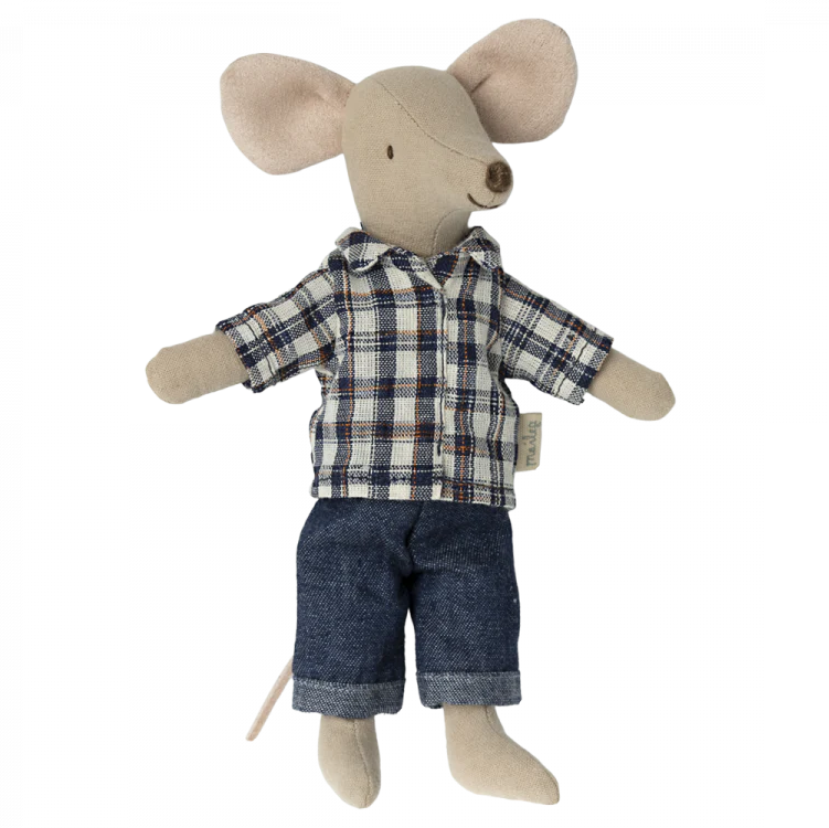 A toy mouse with a checkered blue and white shirt and blue jeans, designed for children.