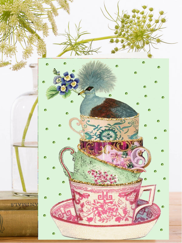 Hand Glittered Teacup Greeting Card