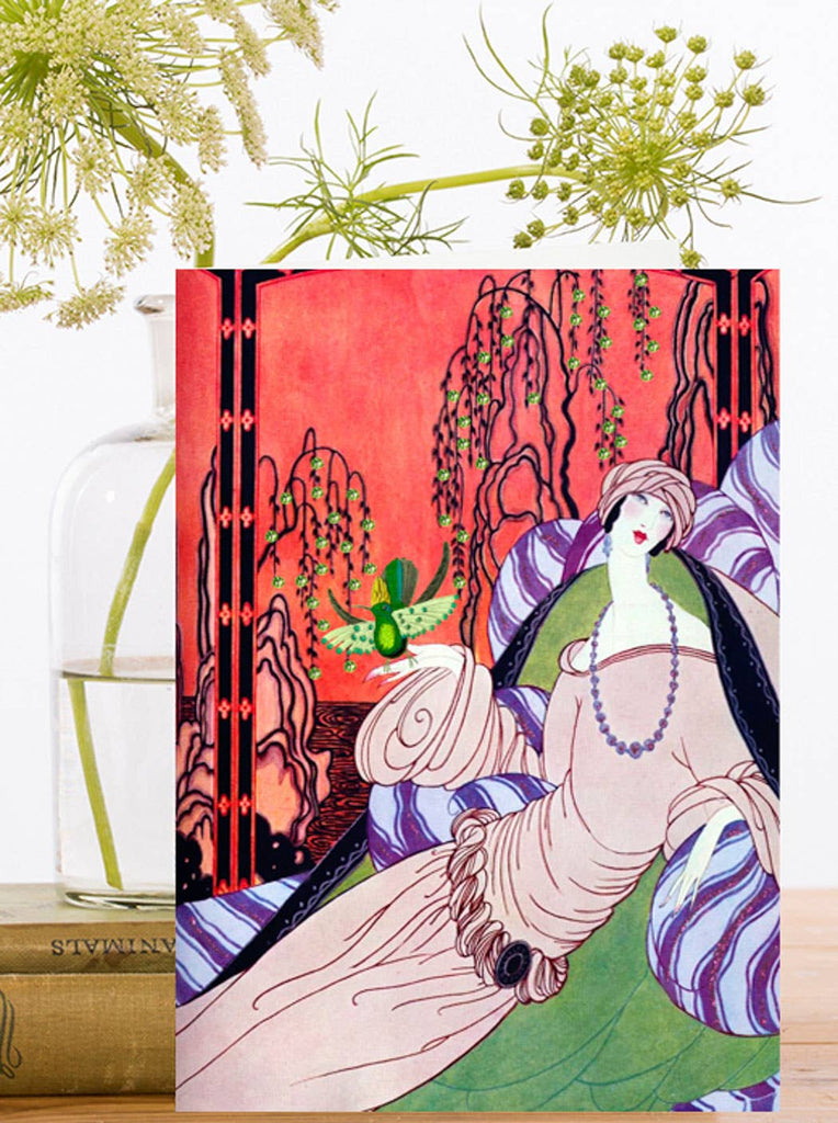 Hand Glittered Blank Woman & Bird Greeting Card - Belle De Provence