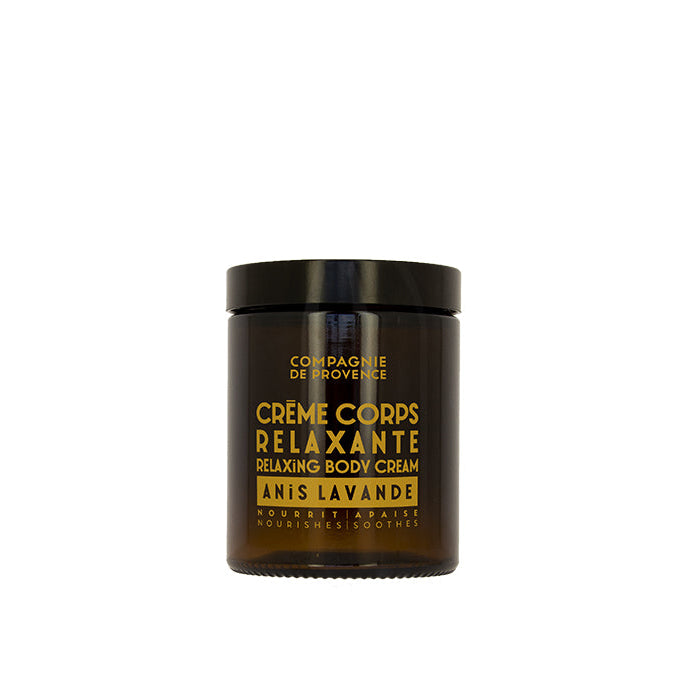 A jar of Relaxing Anise Lavender Body Cream with a dark lid and clear label displaying the product name and fragrance.