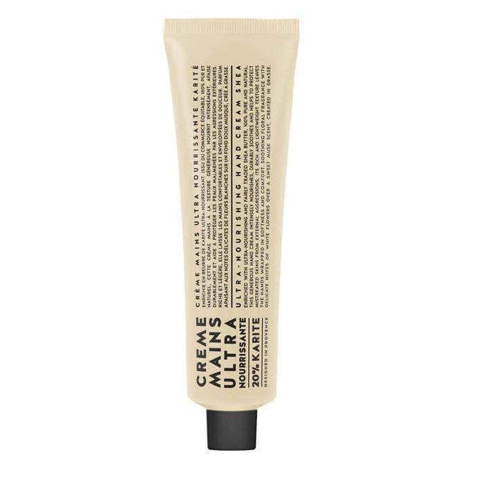 A tube of nourishing shea hand cream with product information printed on the side.