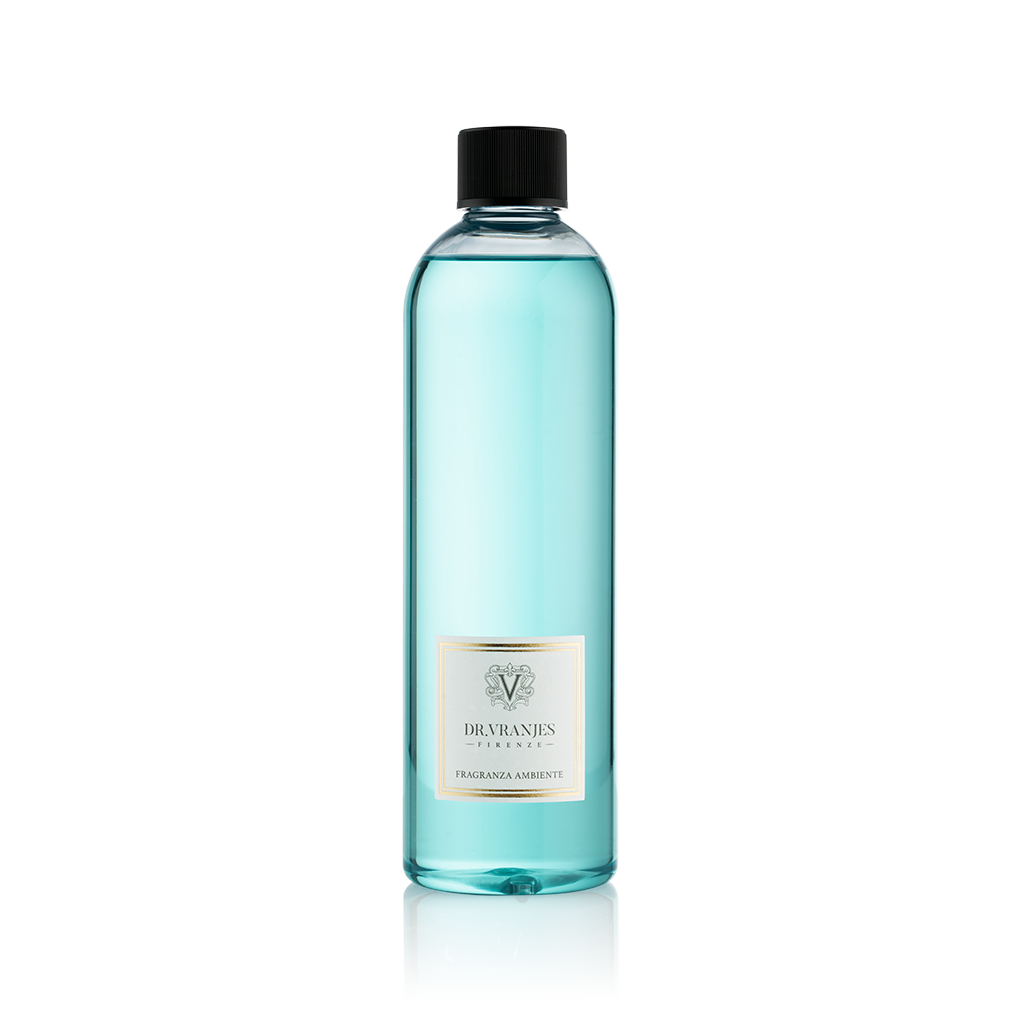 A clear blue bottle of Acqua fragrance diffuser refill with a black cap and a label on the front.