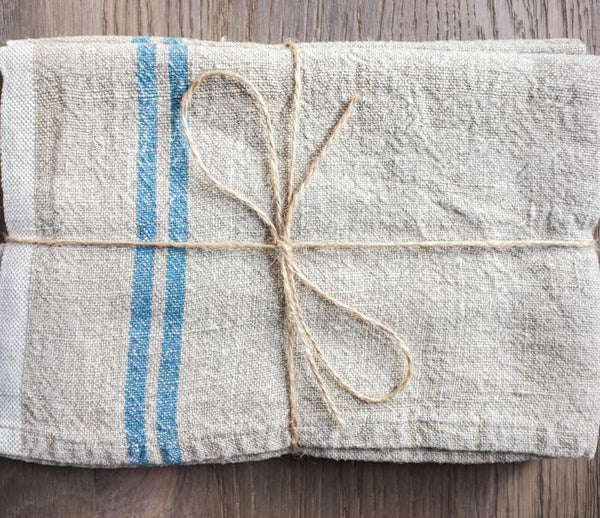 Vintage Linen Natural/Blue Tea Towel - Belle De Provence