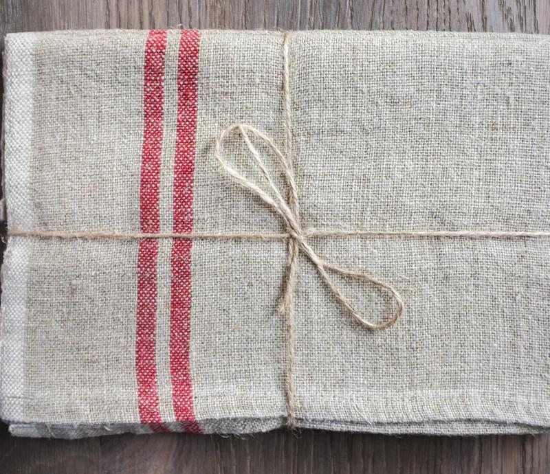Vintage Linen Natural/Red Tea Towel - Belle De Provence