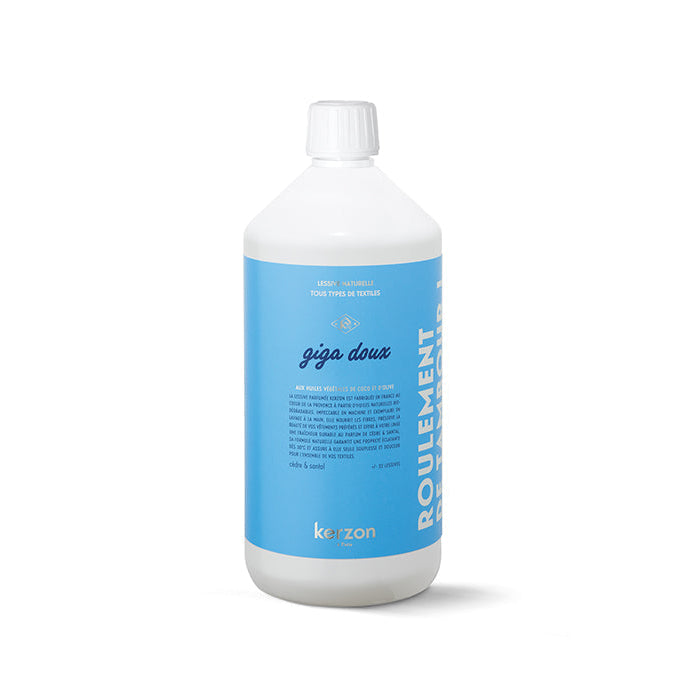 A bottle of Kerzon Giga Doux Fragranced Laundry Soap in blue and white packaging, indicating the product size as 1 litre.