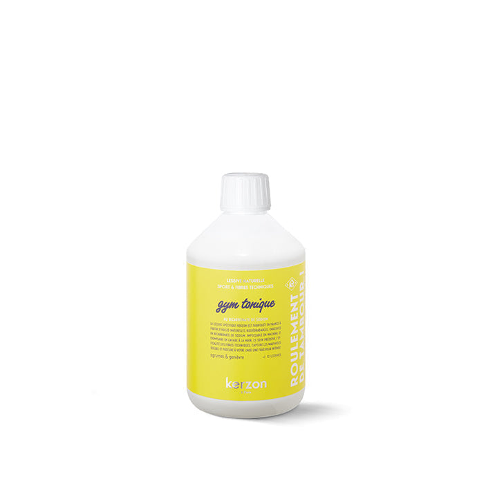 A white bottle of Kerzon Gym Tonique Laundry Soap with yellow label, 500ml size, designed for athletic clothing.