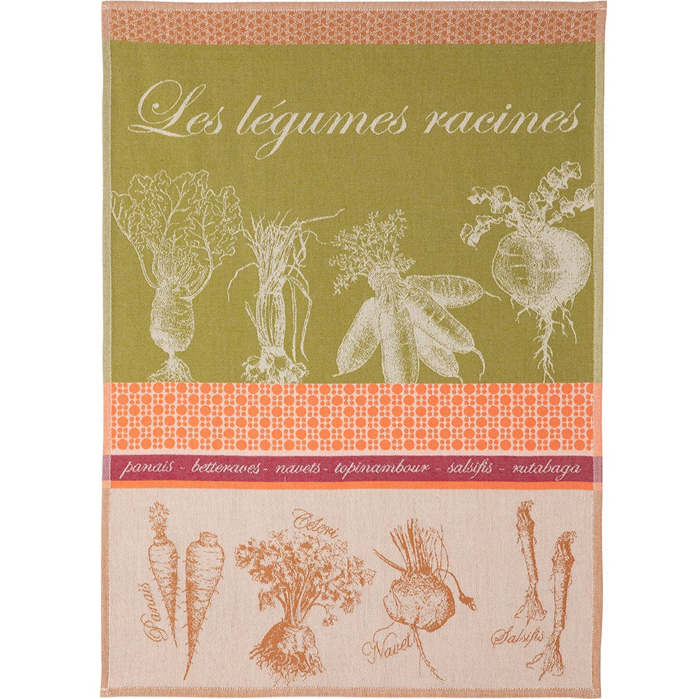 A multicolored cotton tea towel with a botanical print design, featuring text and illustrations of vegetables.