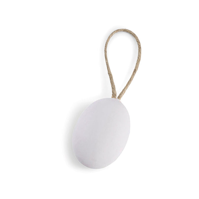A white bar of soap with a rope attached to one end, against a white background.