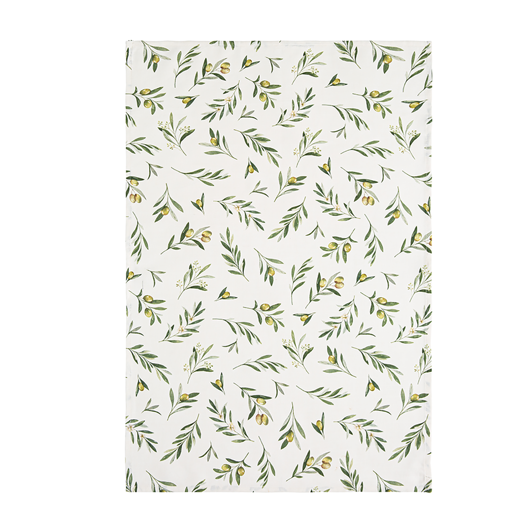 A white tea towel with a green leaf pattern.