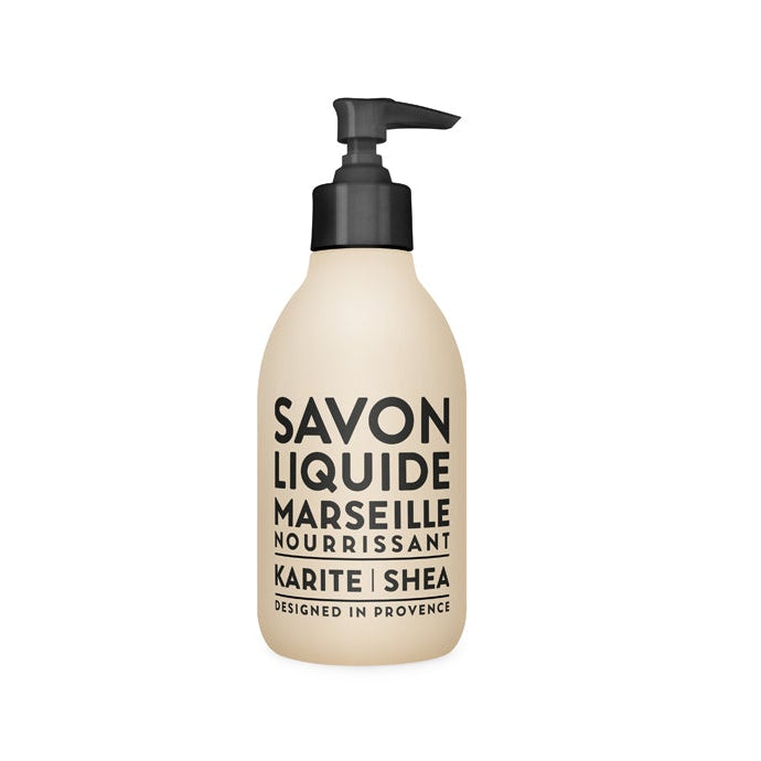 A pump bottle of nourishing shea liquid soap with the label 'SAVON LIQUIDE MARSEILLE NOURRISSENTiel Karite SHEA' against a plain background.