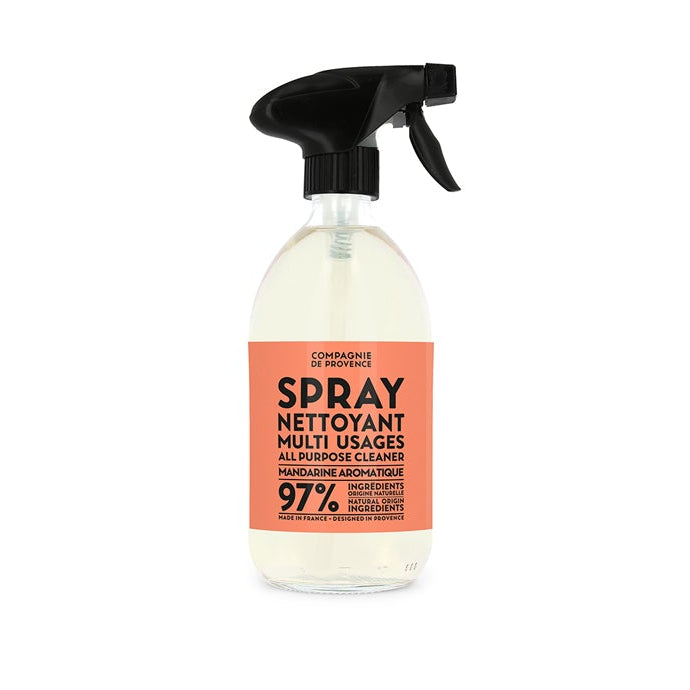 A clear spray bottle labeled 'Aromatic Mandarin All Purpose Cleaner' with a black spray nozzle.