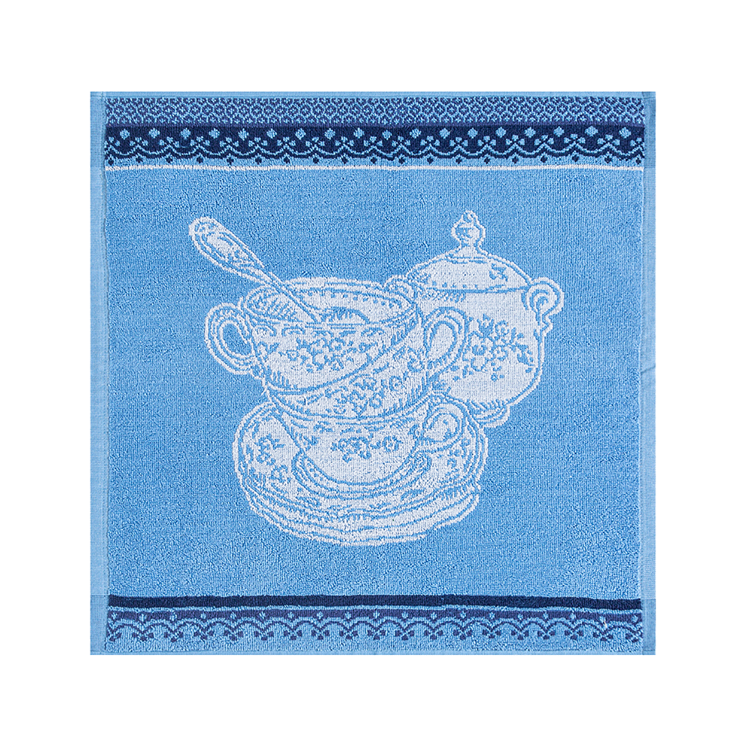 A blue and white cotton terry tea towel with a printed design of a cup and spoon.