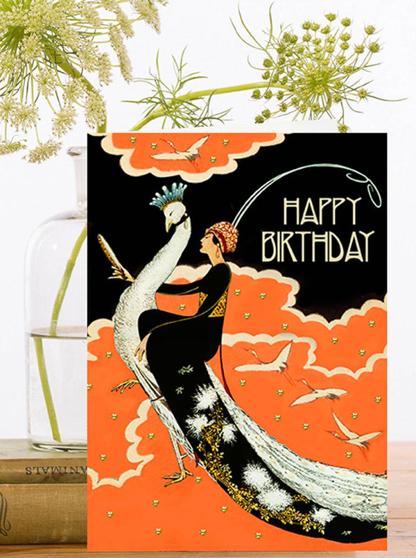 Hand Glittered Woman on Peacock Birthday Card