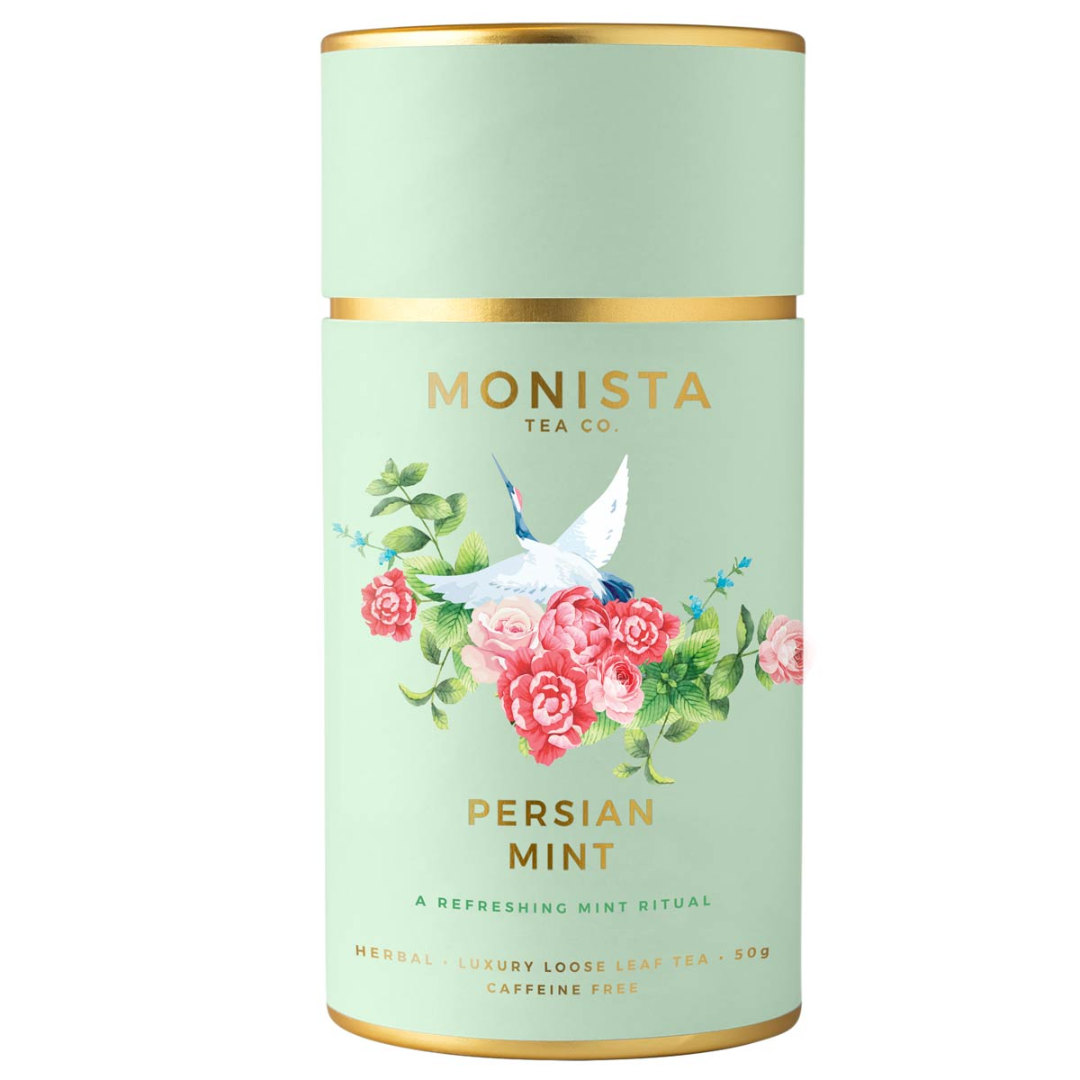 Monista Tea Co. Persian Mint tea canister with floral design on a white background