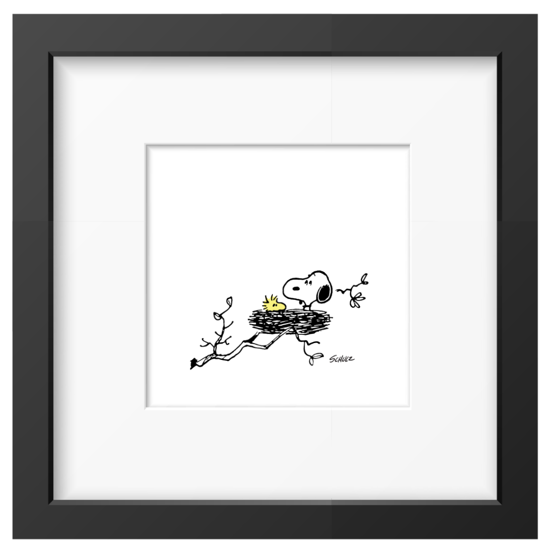 Framed black and white illustration of Snoopy and Woodstock in a nest.