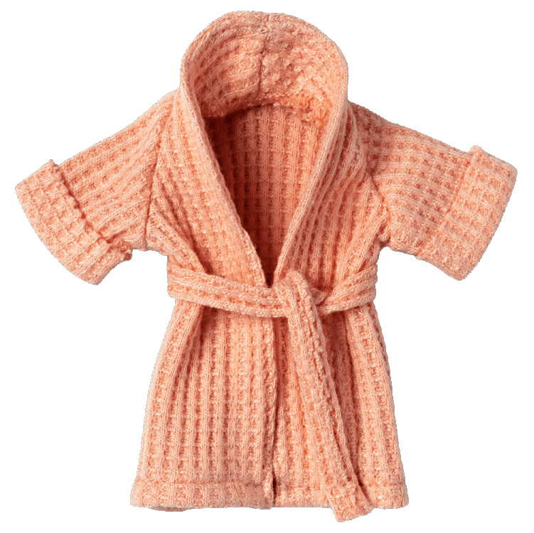 A small, pink bathrobe designed for toy mice, displayed on a white background.
