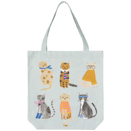 A light blue cotton tote bag with various cartoon cats printed on it.